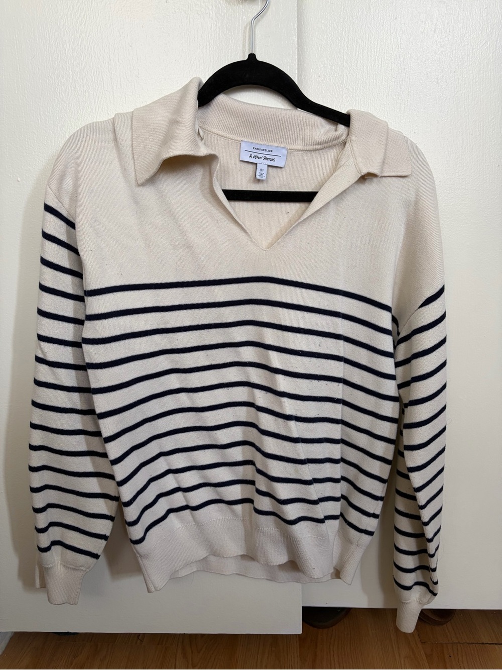 & Other Stories Cream V-Neck Collared Striped Sweater